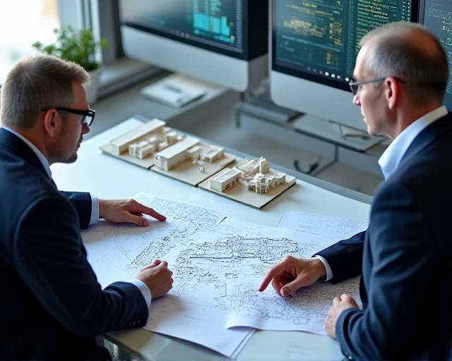 Abogados discutiendo regulaciones frente a planos de un puerto