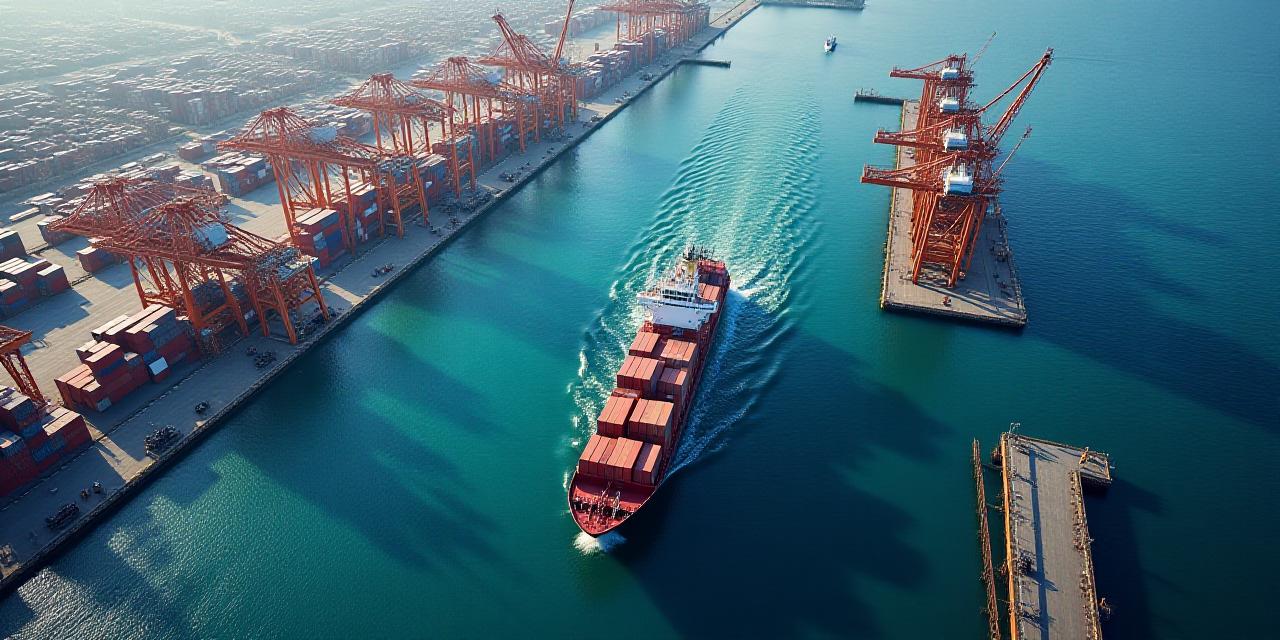 Puerto industrial y buque de carga visto desde arriba